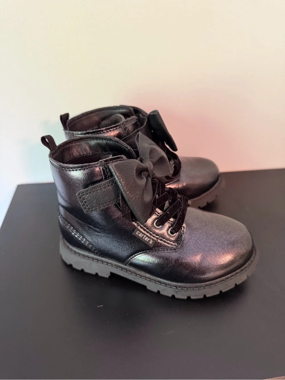 Carter's Black Girls' Bow Lace-Up Combat Boots- size 11